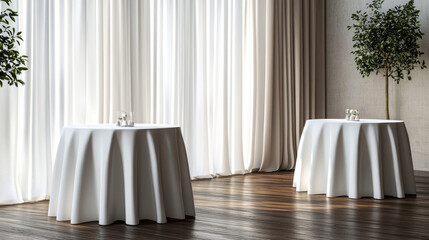 White tablecloth on square and round tables. Vector realistic mockup of empty dining desk with blank linen cloth with drapes for banquet restaurant, holiday event or dinner. Template with fabric cover