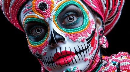 Woman with sugar skull makeup and colourful beads