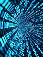 A swirling tunnel of blue binary code, representing data flow and digital technology, creates a futuristic and tech-inspired visual.