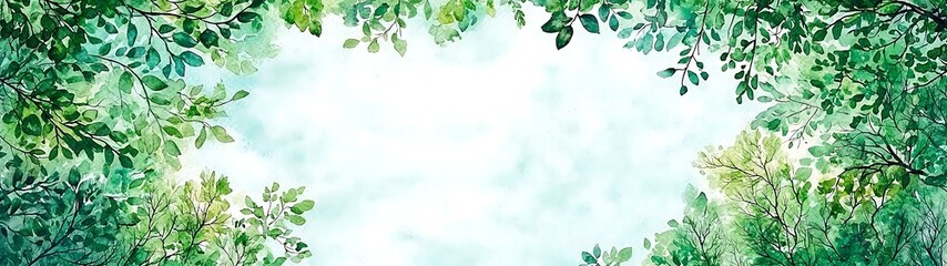 Fototapeta premium World forest day concept, Watercolor Illustration of a Tranquil Forest Scene with Lush Greenery and Serene Atmosphere