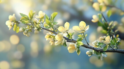 Spring blossoms: delicate yellow flowers on a branch with soft bokeh background