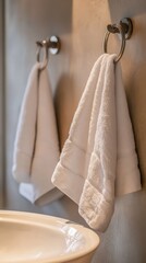 White towels hanging neatly on wall-mounted metal rings in a modern bathroom setting, highlighting simplicity and functionality.