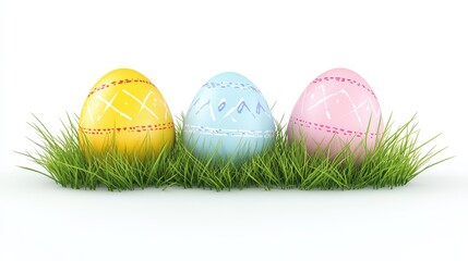 Fototapeta premium Easter eggs in a row with green grass isolated on a white background