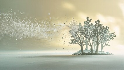 ペーパーアートの杉花粉が舞う春の柔らかい自然風景が印象的. 生成AI