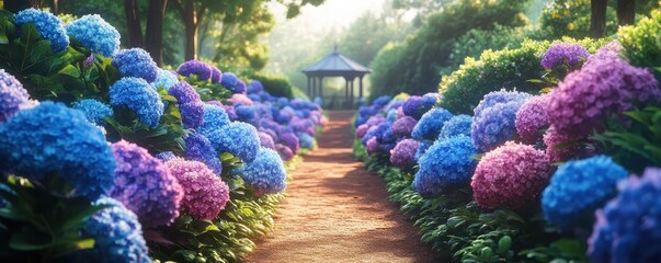 Fototapeta premium Serene garden path with vibrant hydrangeas and gazebo