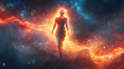 Naklejka premium Fiery Woman Ascends Cosmic Nebula, Fantasy Art