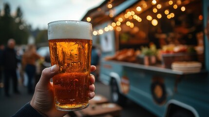 Celebrating beer culture at a food truck festival outdoor gathering beverage enjoyment nighttime ambiance close-up viewpoint