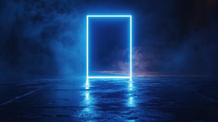 Futuristic neon portal with blue glow in dark atmosphere