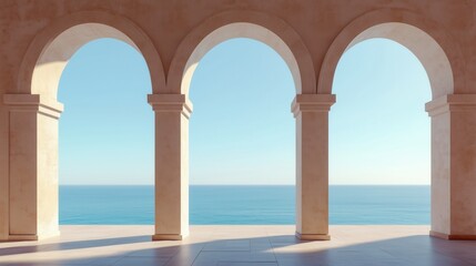 Fototapeta premium Under a clear, cloudless sky, architectural arches create a picturesque frame for the sparkling ocean, merging structure with natural beauty.