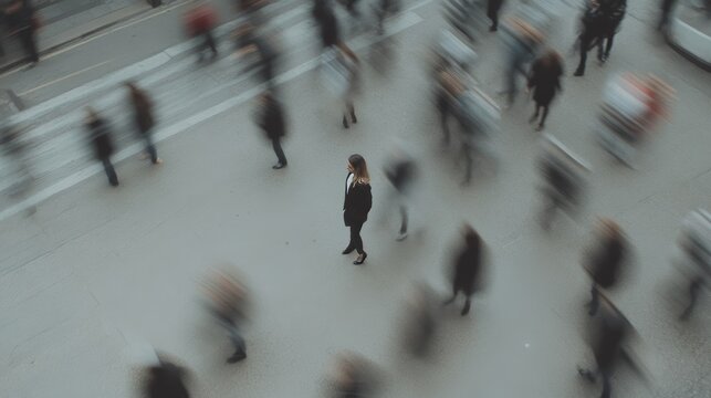 A woman in a black outfit stands calmly amidst a bustling crowd in motion, symbolizing individuality and stillness in chaos.