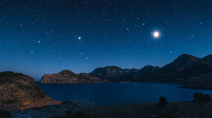 Night landscape with sea, moon and mountains