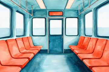 Fototapeta premium A bright, watercolor depiction of a subway train interior featuring empty orange seats, large windows, and a door, conveying a serene atmosphere.