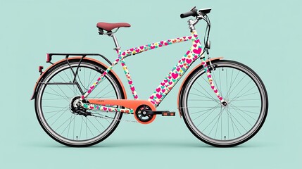 Fototapeta premium A colorful, floral-patterned bicycle against a mint green background, showcasing a stylish, modern design ideal for urban commuting.