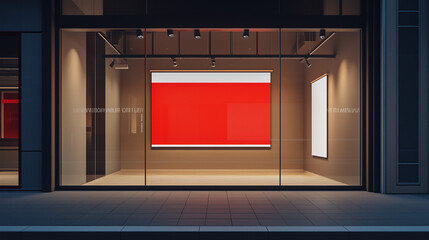 Store entrance with red storefront display