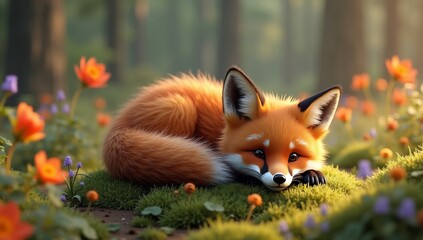 Obraz premium Adorable Red Fox Kit Resting in a Sunny Forest Meadow