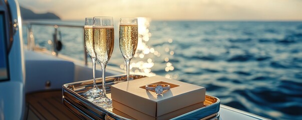 Champagne flutes and engagement ring on yacht at sunset