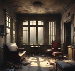 Illustration of abandonend interior of house.