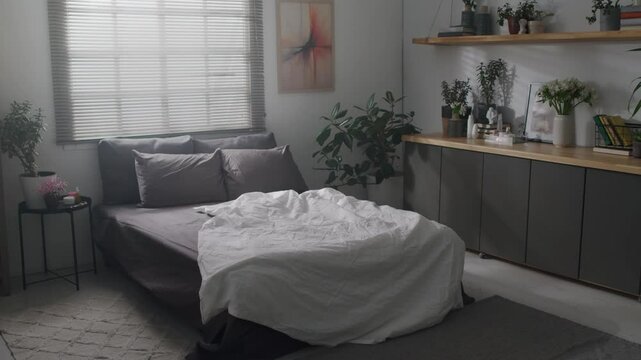 No people full shot of interior of cozy bedroom in grey and white shades with spacious double bed and multiple pots with house plants