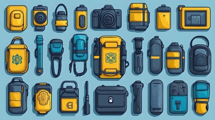 Colorful Collection of Handheld Gadgets, Photography Gear, Backpacks, and Tools on a Light Blue Background Featuring Yellow and Dark Blue Accents for Modern Adventures