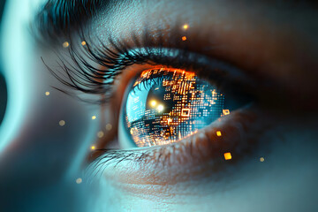 A mesmerizing close-up of a human eye with reflections of digital interfaces and vibrant lights, symbolizing vision, innovation, and the digital age advancements.