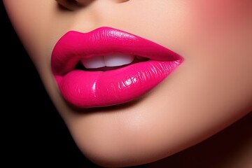 Fototapeta premium Pink lipstick applying cosmetics adult skin.