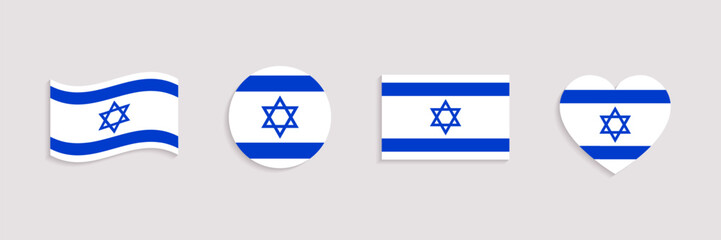 Israel flag vector set. Geometric shapes. Israeli national symbols collection. Web, national, travel, patriotic design elements. rectangle, round, love heart and waved flagstaff isolated icons