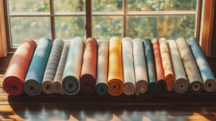 Collection of Colorful Yoga Mats Rolled Up on a Table Near a Window, Perfect for Yoga Enthusiasts