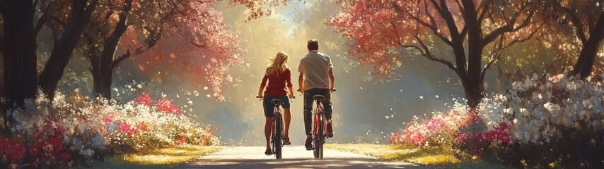 Fototapeta premium Couple cycling through a scenic autumn path.