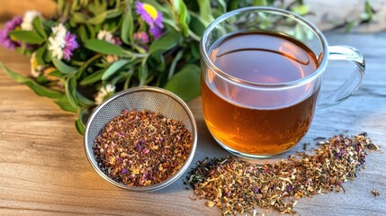 Freshly Brewed Herbal Tea in Glass Cup with Loose Leaf Tea and Flowers on Wooden Table