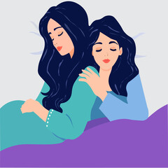 A flat design illustration of a lovely couple of women sleeping together, one resting her head on the other's hand, rendered in cool colors, featuring blues, greens, and purples