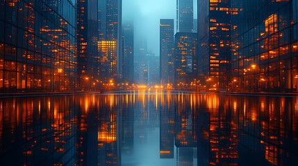 Obraz premium Cityscape, night, reflection, fog, urban, lights, modern, avenue, water, skyscrapers, advertising