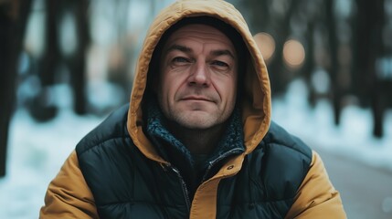 A homeless man sits quietly on the cold street, bundled in a worn hooded jacket to shield against the harsh winter chill.