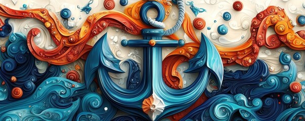 Fototapeta premium Colorful anchor surrounded by swirling ocean waves in artistic design