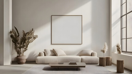 Fototapeta premium Cozy, minimalist living room with neutral tones and plants.