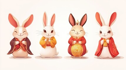 Fototapeta premium Mid autumn bunny. Chinese festival, rabbit modern character set. Asian funny flat holiday animals, oriental moon fest vector illustration