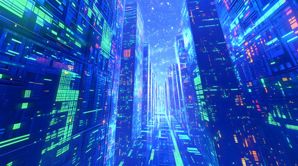 Vibrant, futuristic city skyline filled with glowing lights.