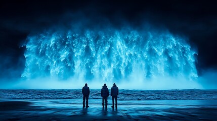 Three Figures Witnessing A Celestial Blue Wave
