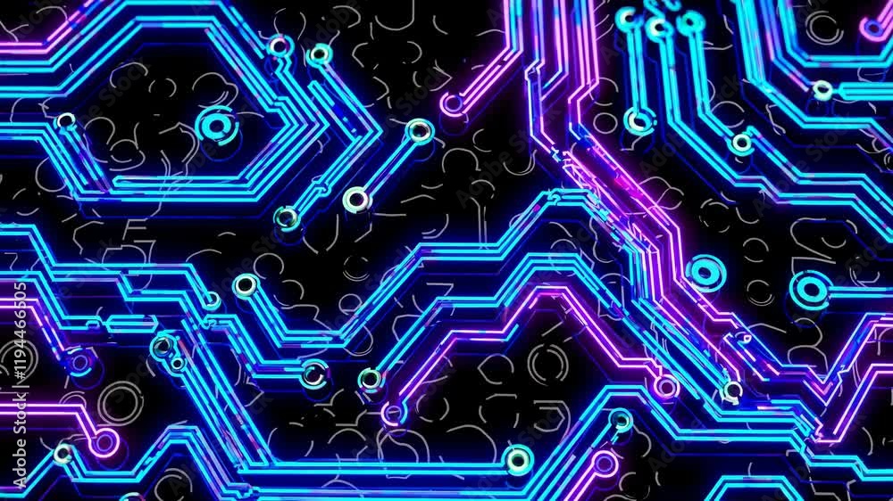 Wall mural engaging digital circuit design with vibrant colors and intricate patterns
