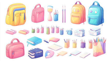 School stationery and supplies. Vector cartoon set of backpack, notebooks, books, pencil case, pins, brush, watercolor paints and stickers isolated on white background