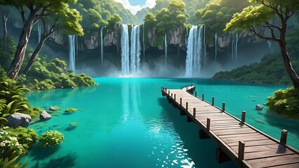 Obraz premium Serene tropical waterfall cascading into a turquoise lagoon with a wooden pier surrounded by lush greenery