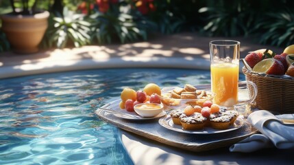 Tray with delicious breakfast near swimming pool, top view. Space for text