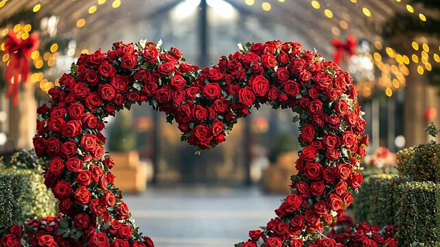 A heart-shaped arch made of red roses stands as a symbol of love and romance.