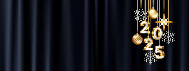 2025 new year banner background with golden shiny hanging ornament ball, snowflake decoration and copy space, vector design