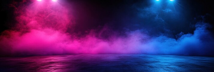 Fototapeta premium Dark Moody Stage with Pink and Blue Neon Lights and Smoke