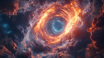 Vibrant cosmic vortex with swirling clouds and fiery colors in deep space