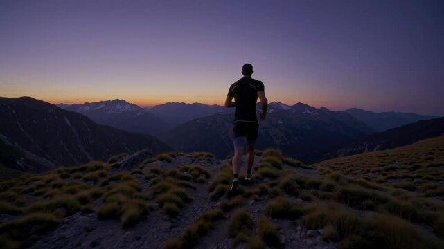 Runner explores mountain trails at sunset with breathtaking views in the background