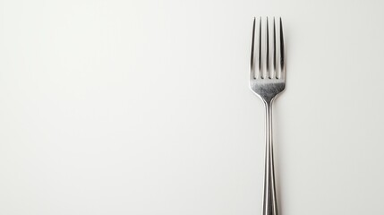 A sleek, shiny silver fork rests elegantly on a pristine white background, its polished surface reflecting subtle highlights.