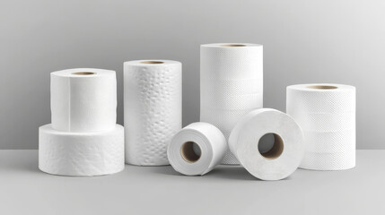 3D set of toilet paper rolls isolated on gray background. Vector realistic illustration of kitchen towel, blank cash register scroll mockups, hygiene tissue wipes for kitchen or bathroom design