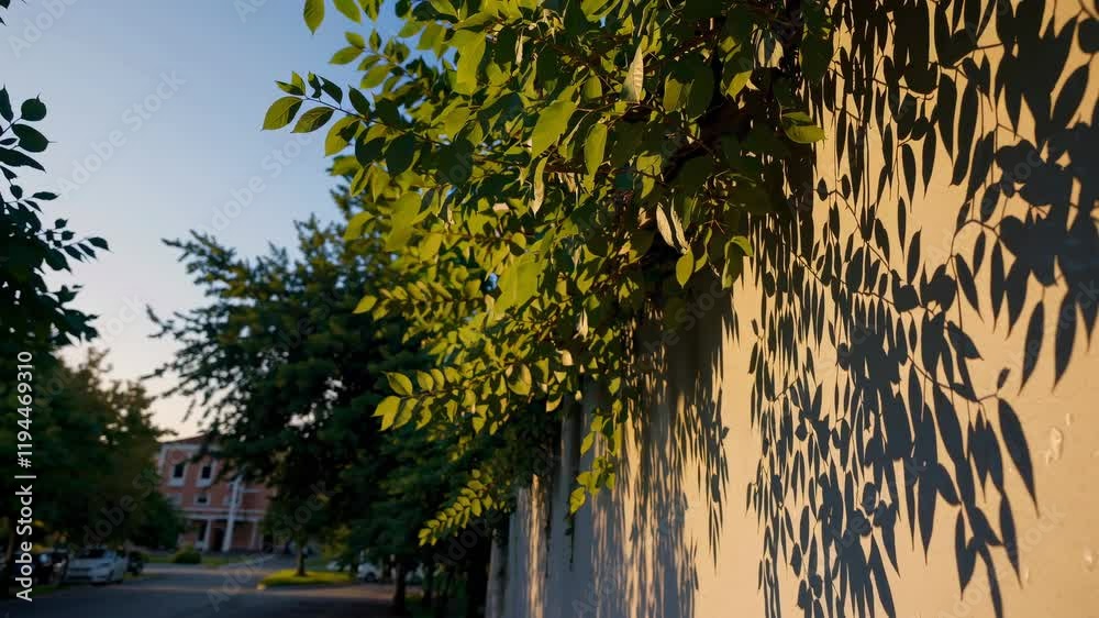Poster shadows of leaves cast on a wall creating a beautiful pattern during golden hour