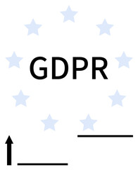 GDPR text surrounded by blue stars, black arrow, and lines. Ideal for data protection, privacy, compliance, digital security, online regulations, governance and abstract line flat metaphor